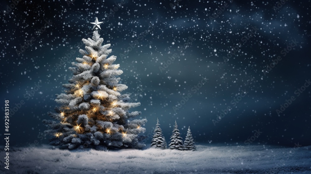 The snow covered Christmas tree contrasts with the dark blue background. Christmas concept