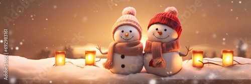Christmas snowman's with red hat on head. Snowman in snow with white snowflakes on night background. Realistic cartoon style. Winter Christmas background, new year 2024 banner