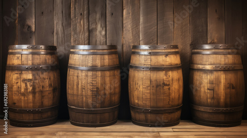 Four wooden barrels on wooden background in cellar of vinery. Generative AI