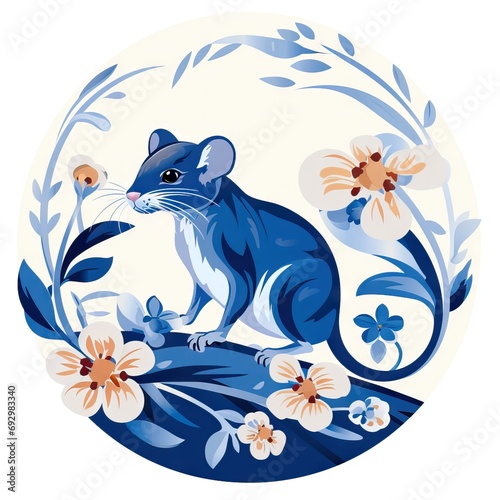 Mouse in decorative art style in floral circle