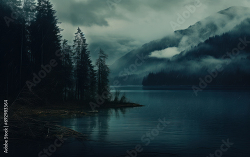 Un lac, une forêt et des montagnes, au crépuscule, avec une couleur bleu nuit