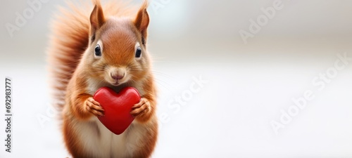 Funny animal Valentines Day, love, wedding celebration concept greeting card - Cute red squirrel holding a red heart , isolated on white background © Corri Seizinger