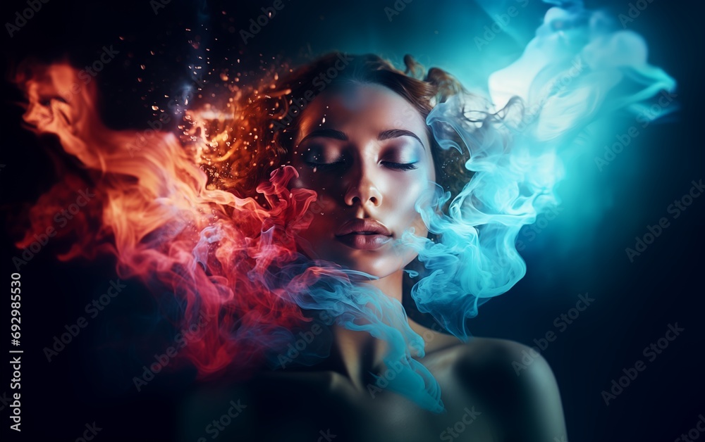 portrait of a woman with colored gradient smoke, in the style of smooth mixing of shapes, bright color palette, bright lighting, fashion concept, nightclub, hookah smoke, relaxation