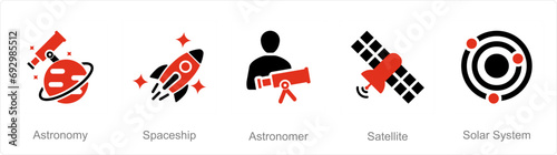 A set of 5 Astronomy icons as astronomy, spaceship, astronomer