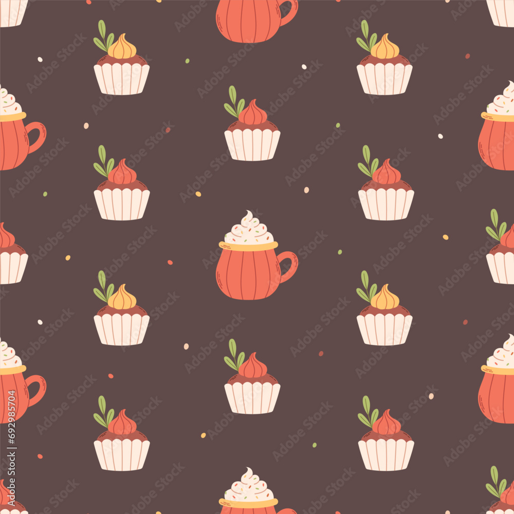 Hot drink and cupcakes seamless pattern. Autumn seamless pattern. Vector illustration in flat style Hot drink and cupcakes seamless pattern. Autumn seamless pattern. Vector illustration in flat style