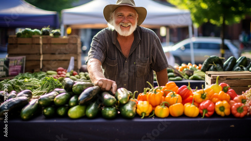 A farmer selling produce at a lively farmers market. photo