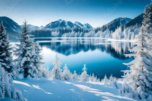 A serene winter scene with a frozen lake surrounded by snow-covered trees, and distant mountains creating a tranquil backdrop for the holiday season