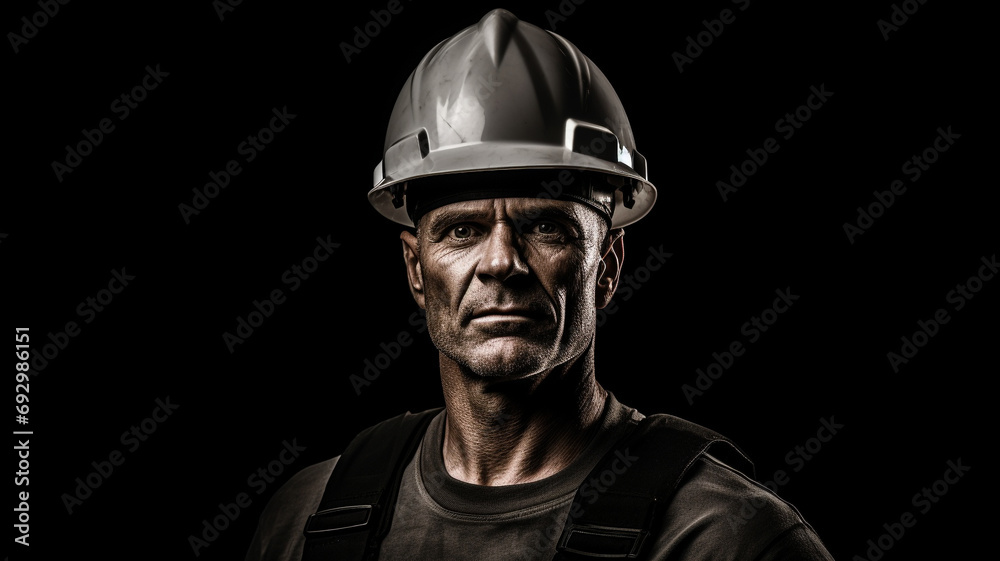 Fototapeta premium Black and white portrait of a construction worker with helmet on black background.
