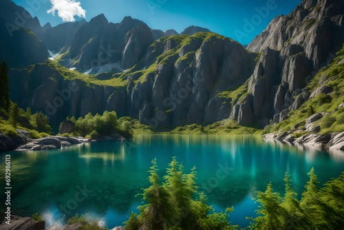 A remote mountain lake framed by rocky cliffs and dense foliage  with the azure sky mirrored in the still waters  offering a glimpse of untouched wilderness