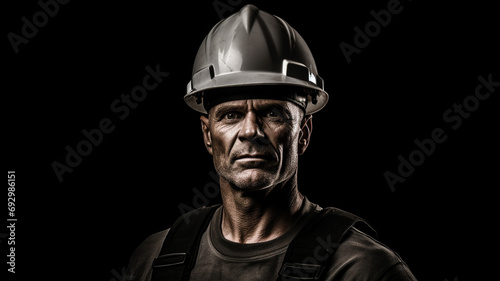 Black and white portrait of a construction worker with helmet on black background.