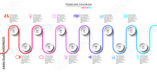 Infographic workflow diagram 12 months infographic number Process flow chart with icons. Illustration vector data concept of process and data chart photo