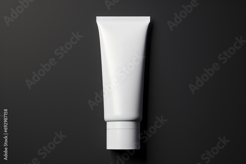 Blank white plastic tube on dark black background. Cosmetic beauty product mockup. Body care  spa skincare concept. Copy space