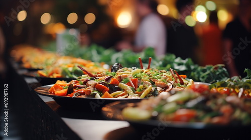 Catering buffet meals in the restaurant with meat, salads and vegetables, various delicious dishes in the hotel