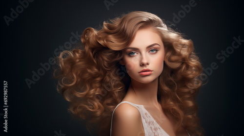 Perfect hair styling woman, beauty portrait curly hair, hairstyle, natural cosmetics