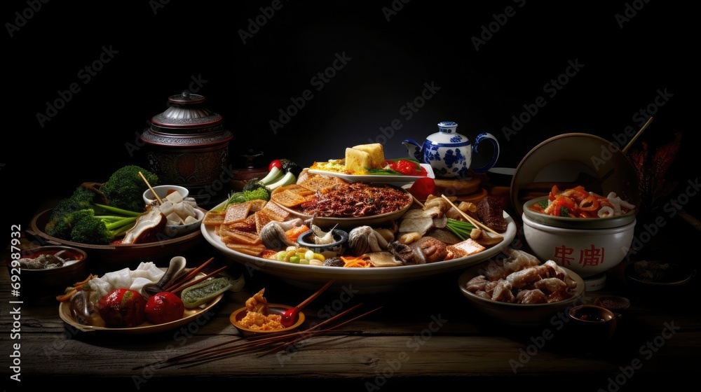 chicken and vegetables, prawns fry, different foods together chicken and vegetables, prawns fry, different foods together