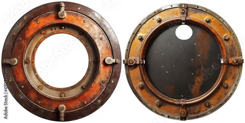 Two metal portholes of a nautical vessel made of rusty iron, isolated on white or transparent background, png. Generative Ai.
