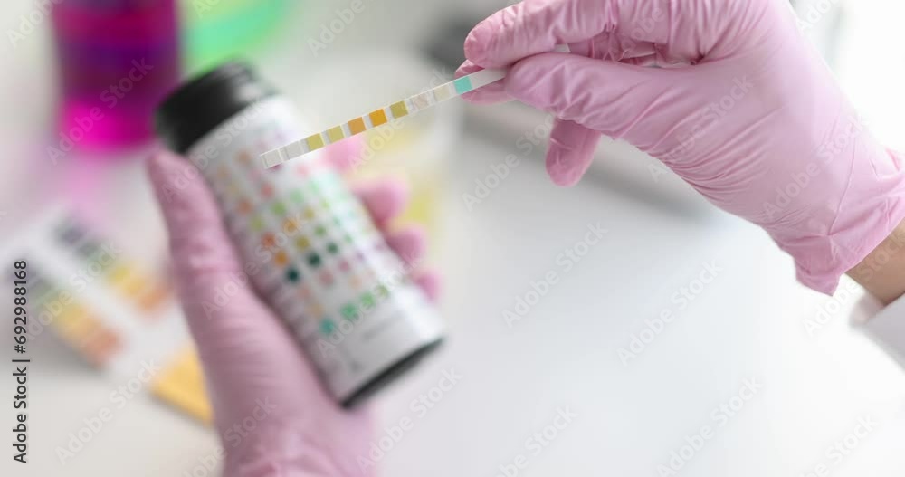 Hands in gloves hold test strips, close-up, slow motion. water ph indicator, medical laboratory, diabetes Hands in gloves hold test strips, close-up, slow motion. water ph indicator, medical laboratory, diabetes