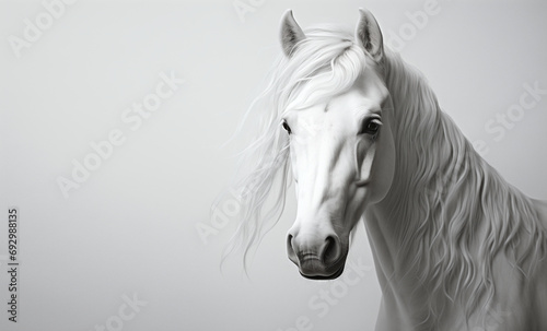 Close up portrait of a beautiful white horse made in studio light on a plain white background. Banner, poster, postcard, wallpaper. Isolated