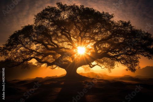 Árbol a contraluz en el horizonte. photo
