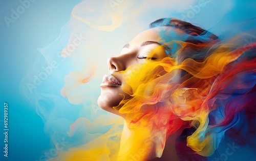 beautiful portrait of a woman with multicolored smoke around her neck and head, in the colors of azure and amber, hyperrealism, bright color palette, splash of color, light blue and light amber
