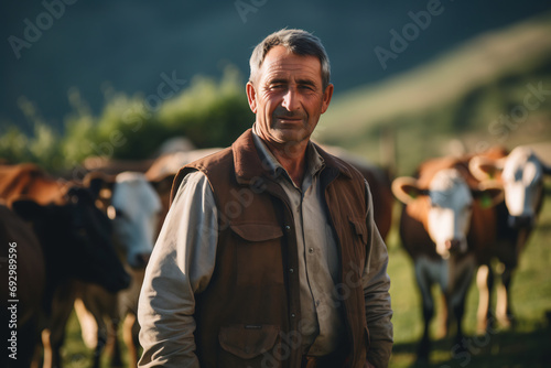 Portrait of a senior male farmer standing in front of his cow in field, confident farmer standing with cow in the Countryside Outdoors. © AspctStyle