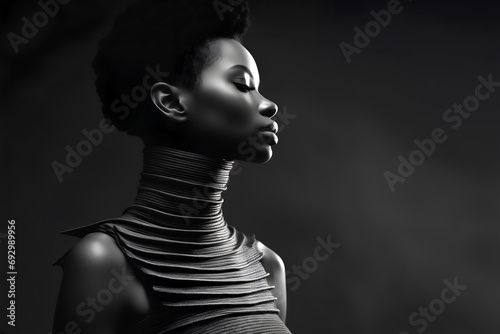 Fashion Concept. Closeup portrait of androgynous woman portrait in avant garde architectural futuristic edgy outfit. illuminated dynamic composition. sensual, advertisement, magazine. copy space 