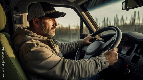 Professional senior man truck driver siting on his truck cabin and steering on his journey focused on the road