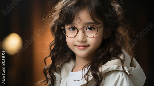 Portrait of beautiful asian girl wearing glasses on dark studio background. Health eyesight concept, school concept