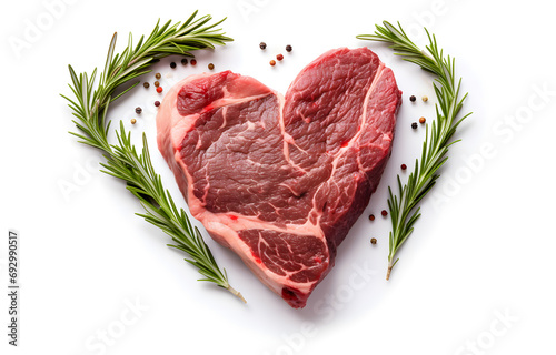 marbled beef steak like heart shape and rosemary hearb isolated on white background photo