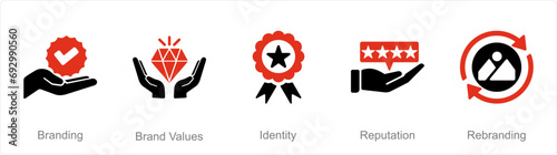 A set of 5 Branding icons as branding, brand values, identity photo