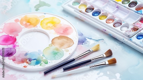 "Pastel-hued watercolor palette and brushes set for creative painting