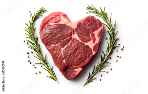 marbled beef steak like heart shape and rosemary hearb isolated on white background photo