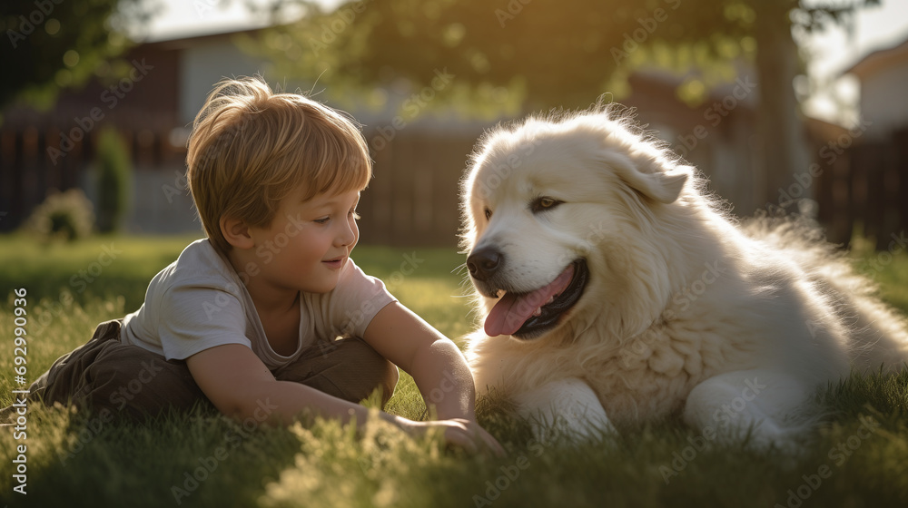 Close up of a little boy with fluffy beautiful dog, spend time together, lovely pet, frendship with pets. Outdor background. Cute dog. Generative AI Close up of a little boy with fluffy beautiful dog, spend time together, lovely pet, frendship with pets. Outdor background. Cute dog. Generative AI