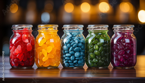 Five preserving jars on kitchen cupboard with assortment of colorful candy. Concept of sweets, choice, selection. 