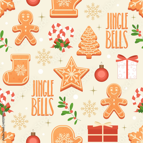 Christmas colorful seamless surface pattern with gingerbread cookies, mistletoe, balls, candy cane, gift boxes and jingle bells sign