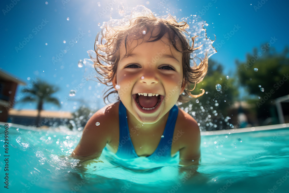 Happy little boy kid having fun swimming in the pool
