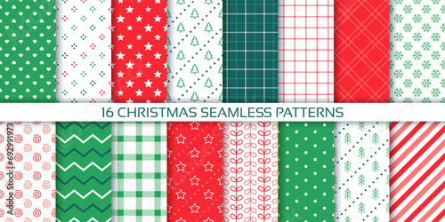 Merry Christmas patterns. Seamless backgrounds. Festive Xmas textures with tree, check, star, stripe, dots. Set of noel prints for wrapping paper. Collection red green backdrops. Vector illustration