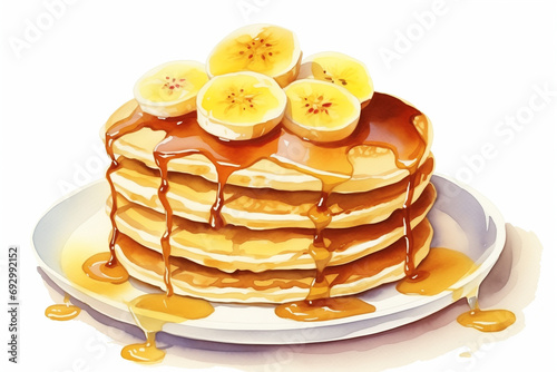 Pancake day - Banana Pancakes with Maple Sirup and Cream Isolated on White Background. Hand Drawn Watercolour Illustration. Happy Pancake Day