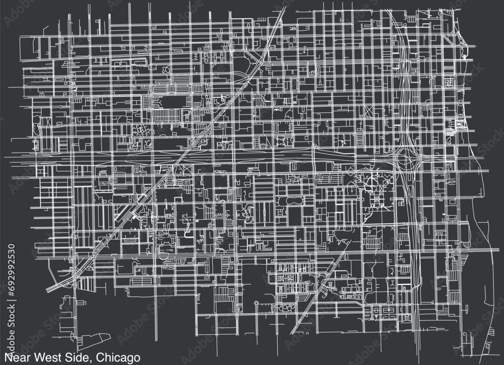 Detailed hand-drawn navigational urban street roads map of the NEAR WEST SIDE COMMUNITY AREA of the American city of CHICAGO, ILLINOIS with vivid road lines and name tag on solid background