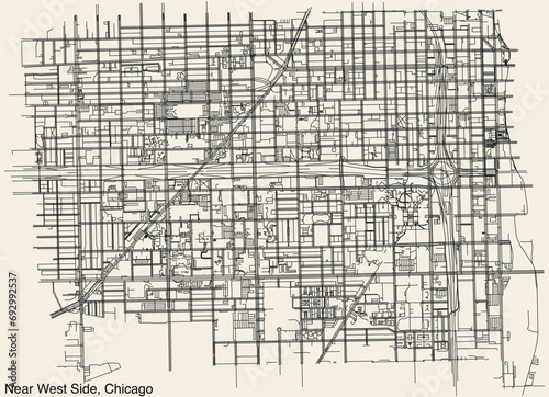 Detailed hand-drawn navigational urban street roads map of the NEAR WEST SIDE COMMUNITY AREA of the American city of CHICAGO, ILLINOIS with vivid road lines and name tag on solid background