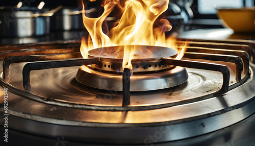 Flaming Gas Stove: Cooking up a Hot Meal with Intense Flames photo