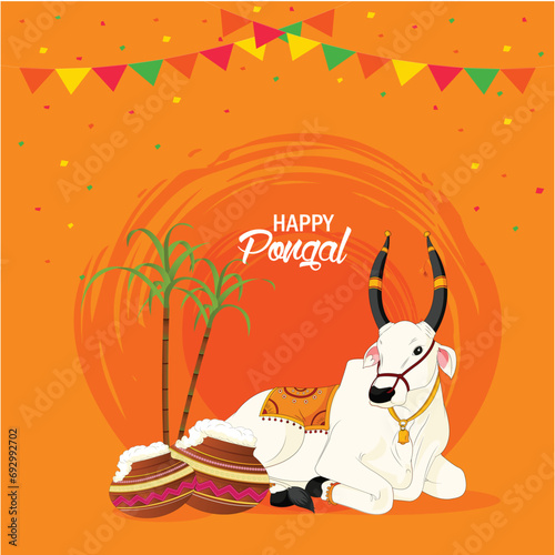 Vector illustration Happy Pongal with sugarcane and cow banner editable template with orange background