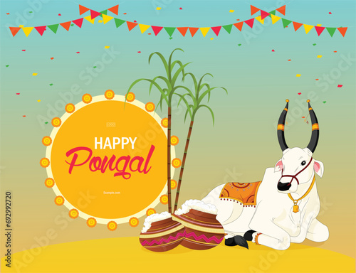 Vector illustration Happy Pongal with sugarcane and cow banner editable template with light background photo