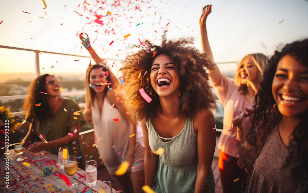 Group of friends having fun enjoying summer party celebration throwing confetti in the air, young multiracial hipster people having fun at weekend event outdoors - obrazy, fototapety, plakaty 