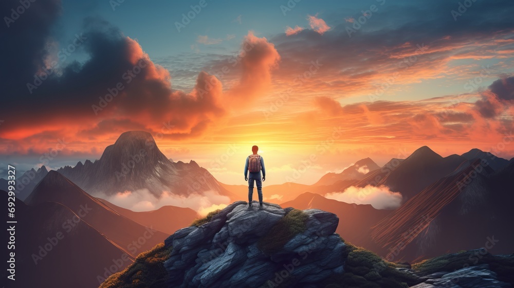 Obraz premium fleeting serenity: individual silhouetted atop sunset-kissed mountain peak