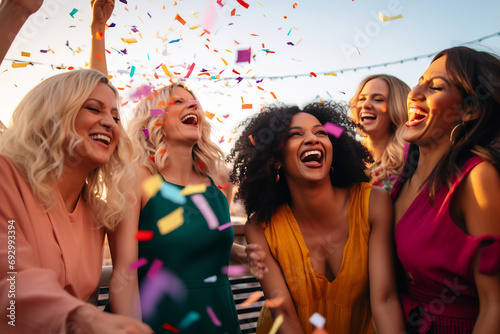 Group of friends having fun enjoying summer party celebration throwing confetti in the air, young multiracial hipster people having fun at weekend event outdoors photo