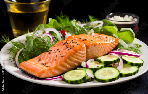 Close-up of fork with food on it: delicious fillet salmon, cucumber, onion, green salad isolated on dark background