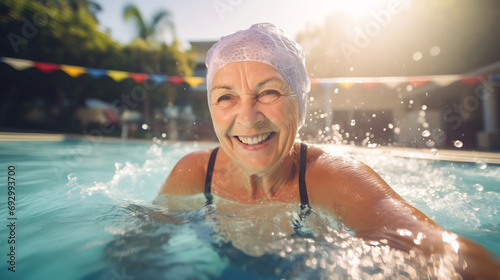 Happy active senior woman enjoying retirement in swimming pool, healthy retired lifestyle concept © AspctStyle
