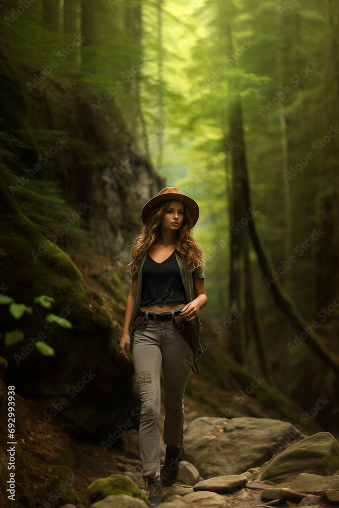 Une belle randonneuse marchant dans la forêt Une belle randonneuse marchant dans la forêt