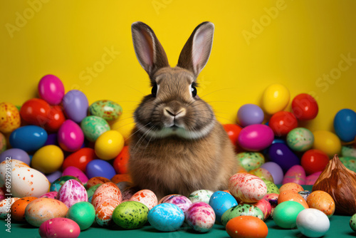 Fête de Pâques, un lapin avec des œufs multicolores sur fond coloré © David Giraud